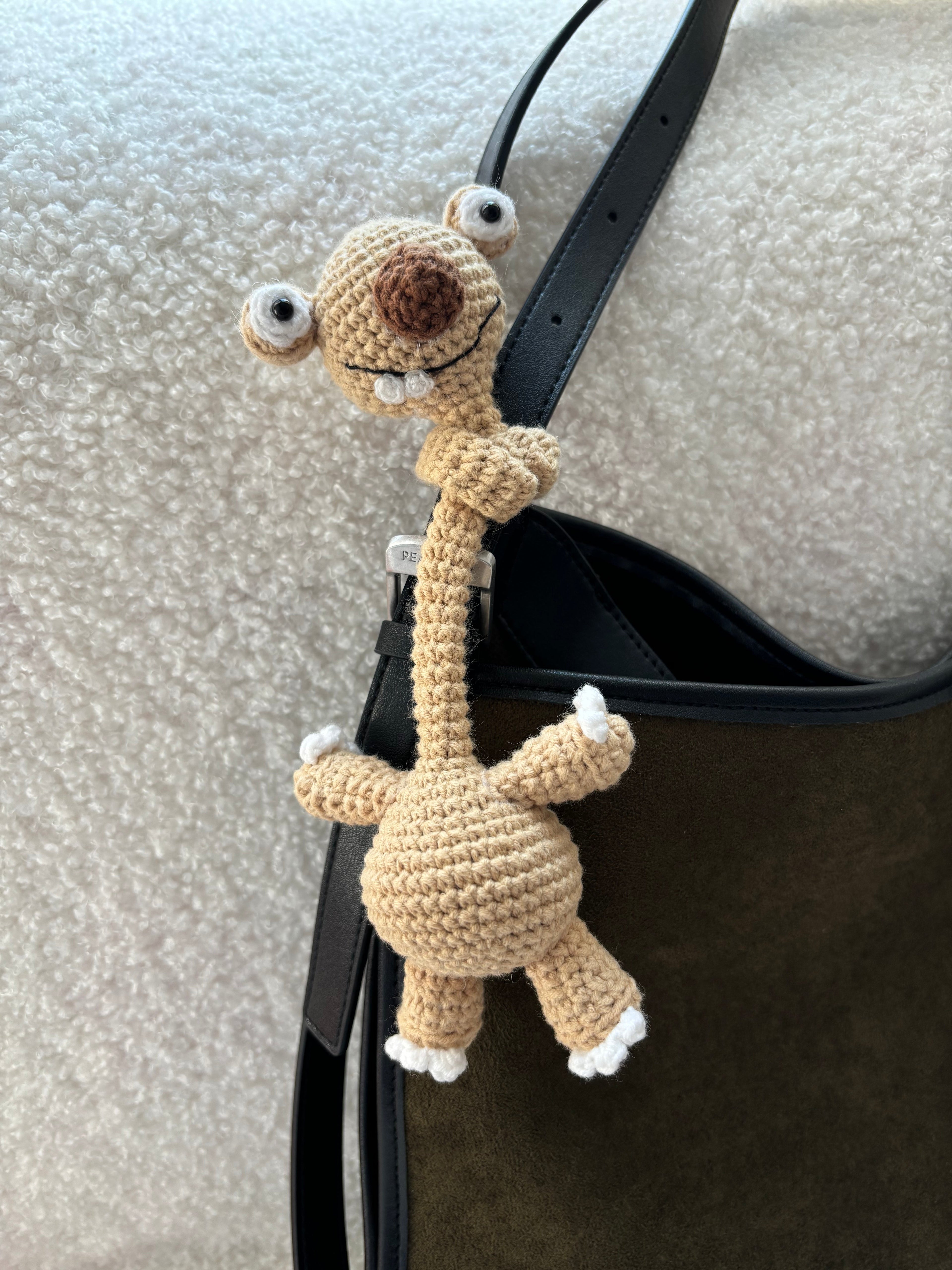 Handmade Crochet Prehistoric Sloth Bag Charm | Funny Long Neck Sloth Plush Toy | Gift for Animal Lovers