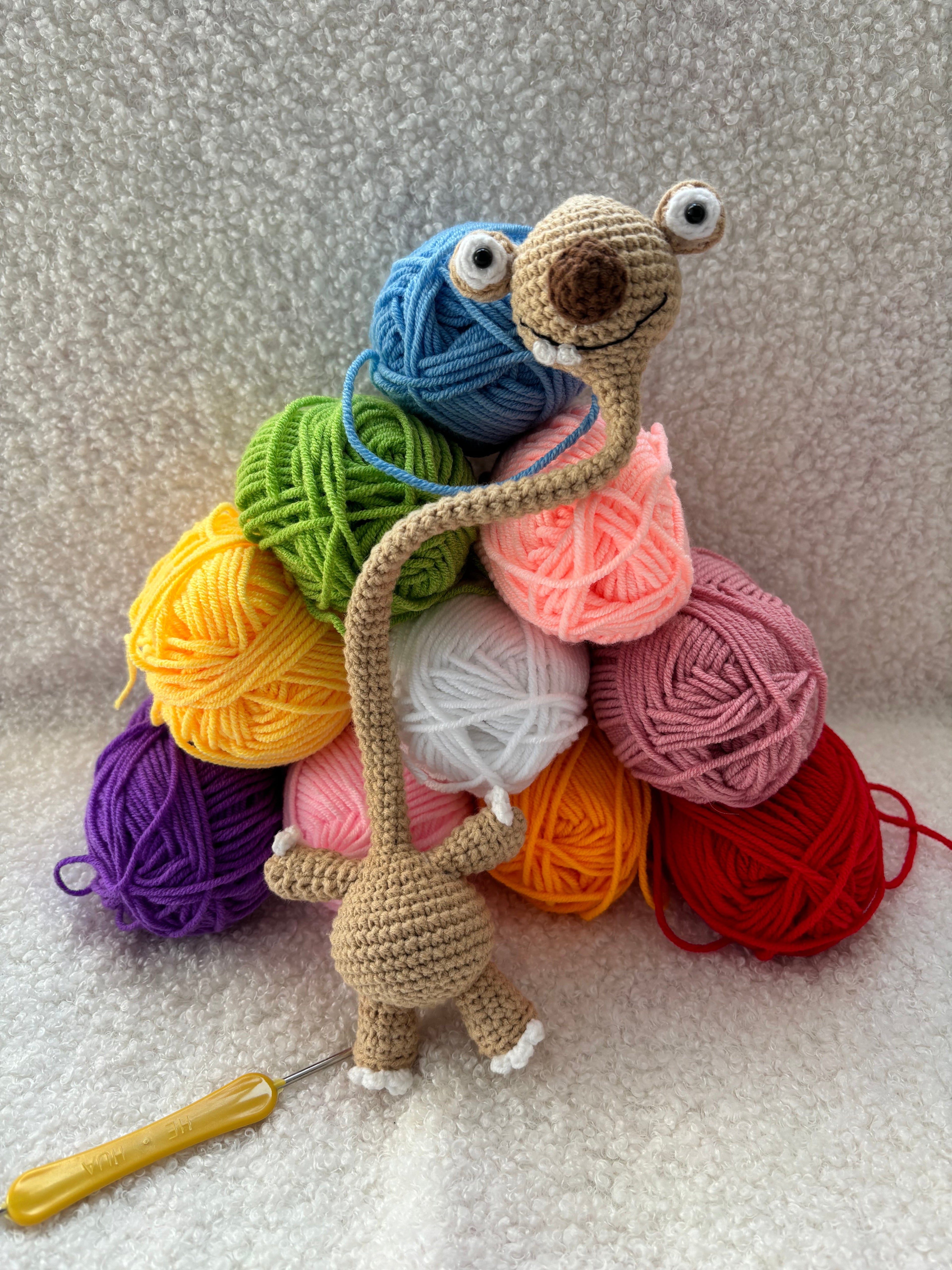 Handmade Crochet Prehistoric Sloth Bag Charm | Funny Long Neck Sloth Plush Toy | Gift for Animal Lovers