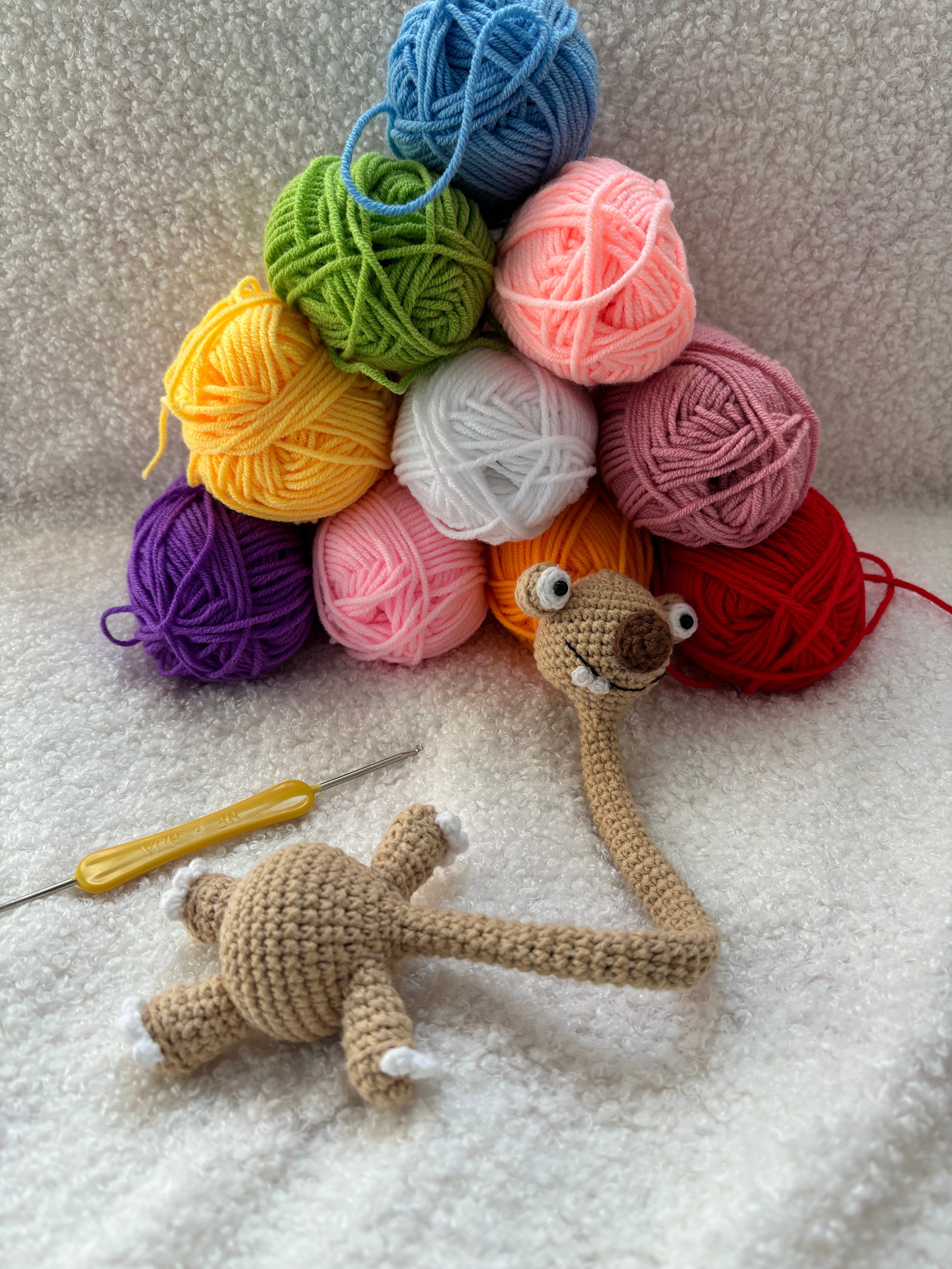Handmade Crochet Prehistoric Sloth Bag Charm | Funny Long Neck Sloth Plush Toy | Gift for Animal Lovers