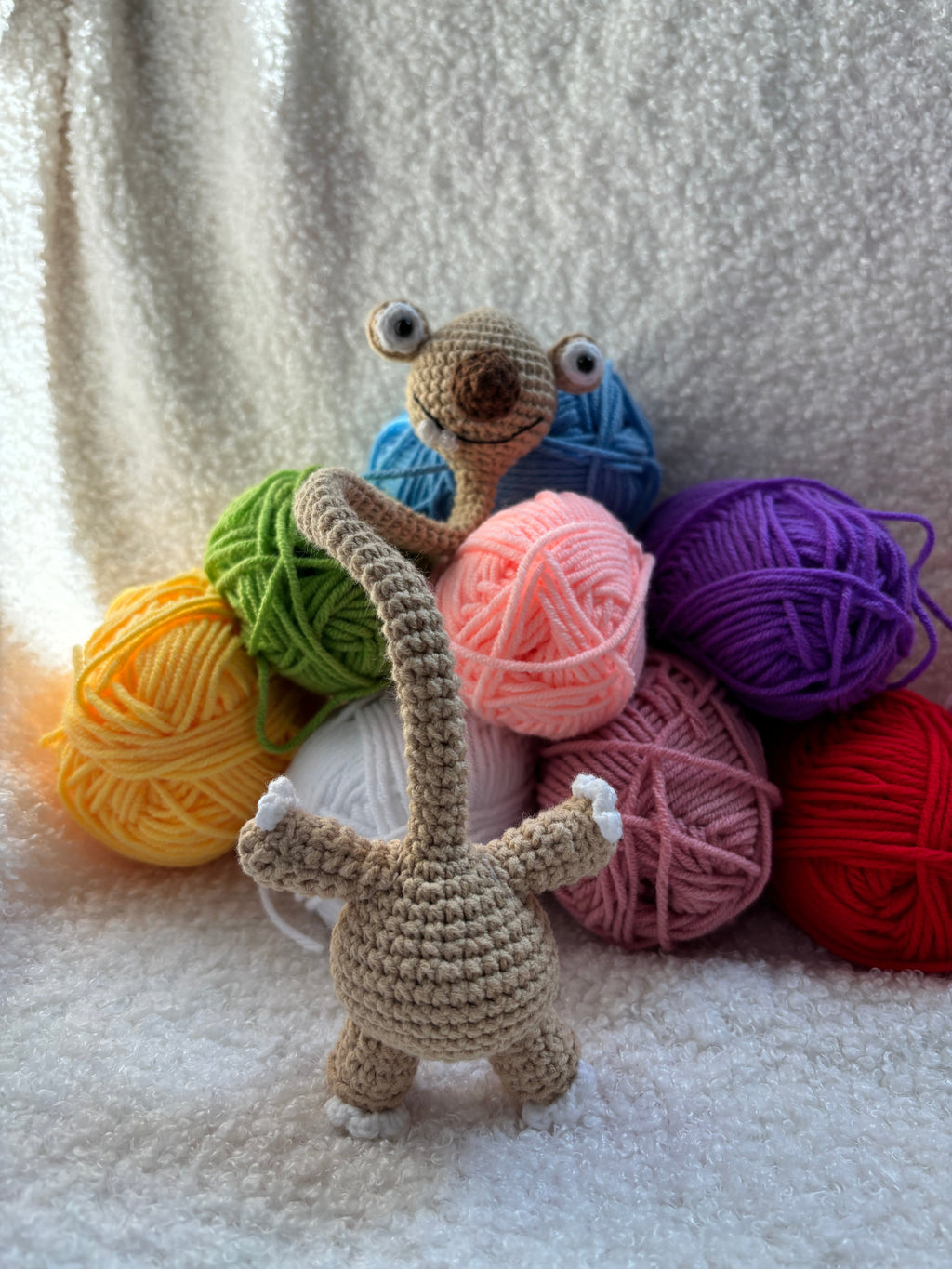Handmade Crochet Prehistoric Sloth Bag Charm | Funny Long Neck Sloth Plush Toy | Gift for Animal Lovers