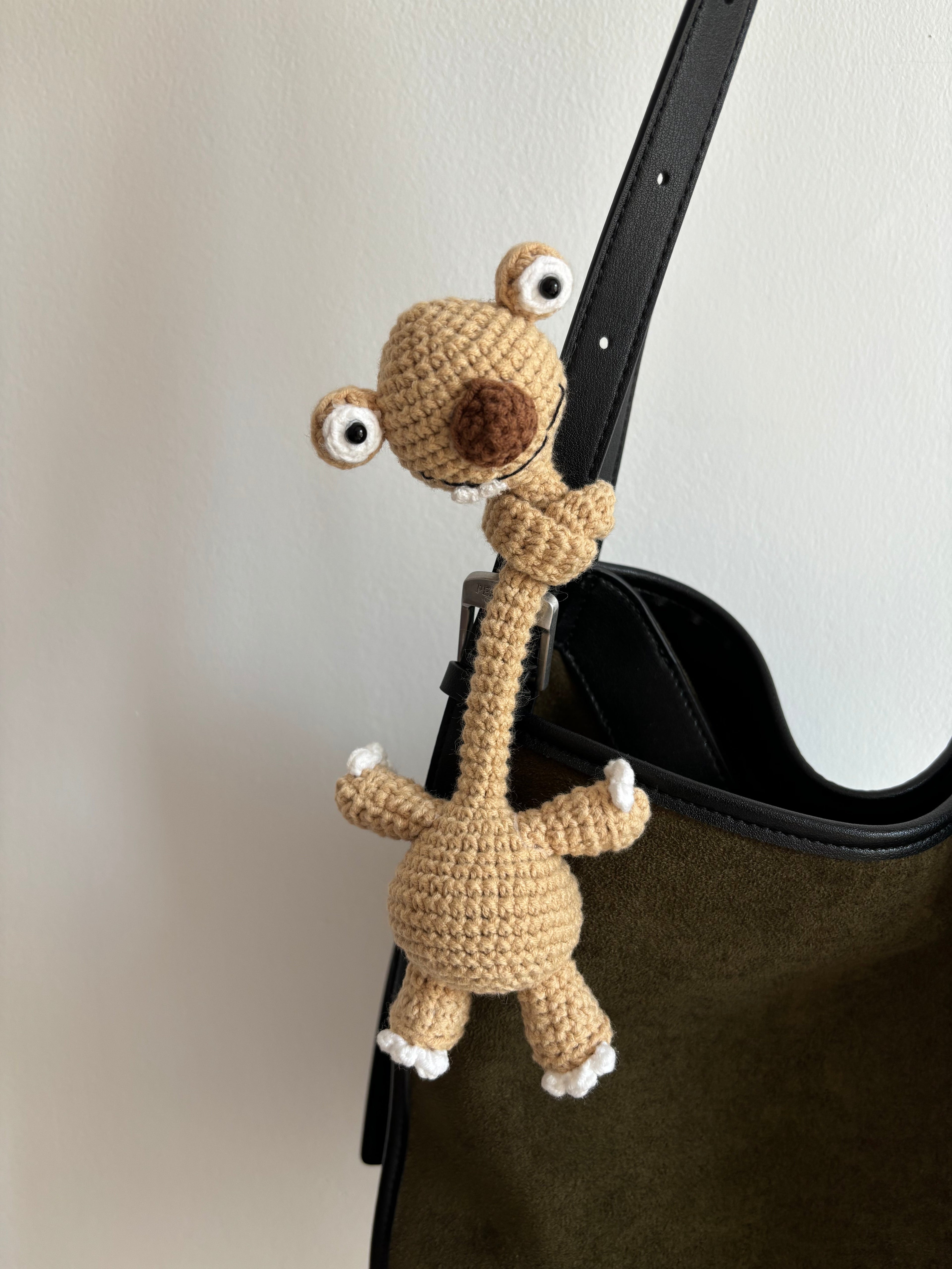 Handmade Crochet Prehistoric Sloth Bag Charm | Funny Long Neck Sloth Plush Toy | Gift for Animal Lovers