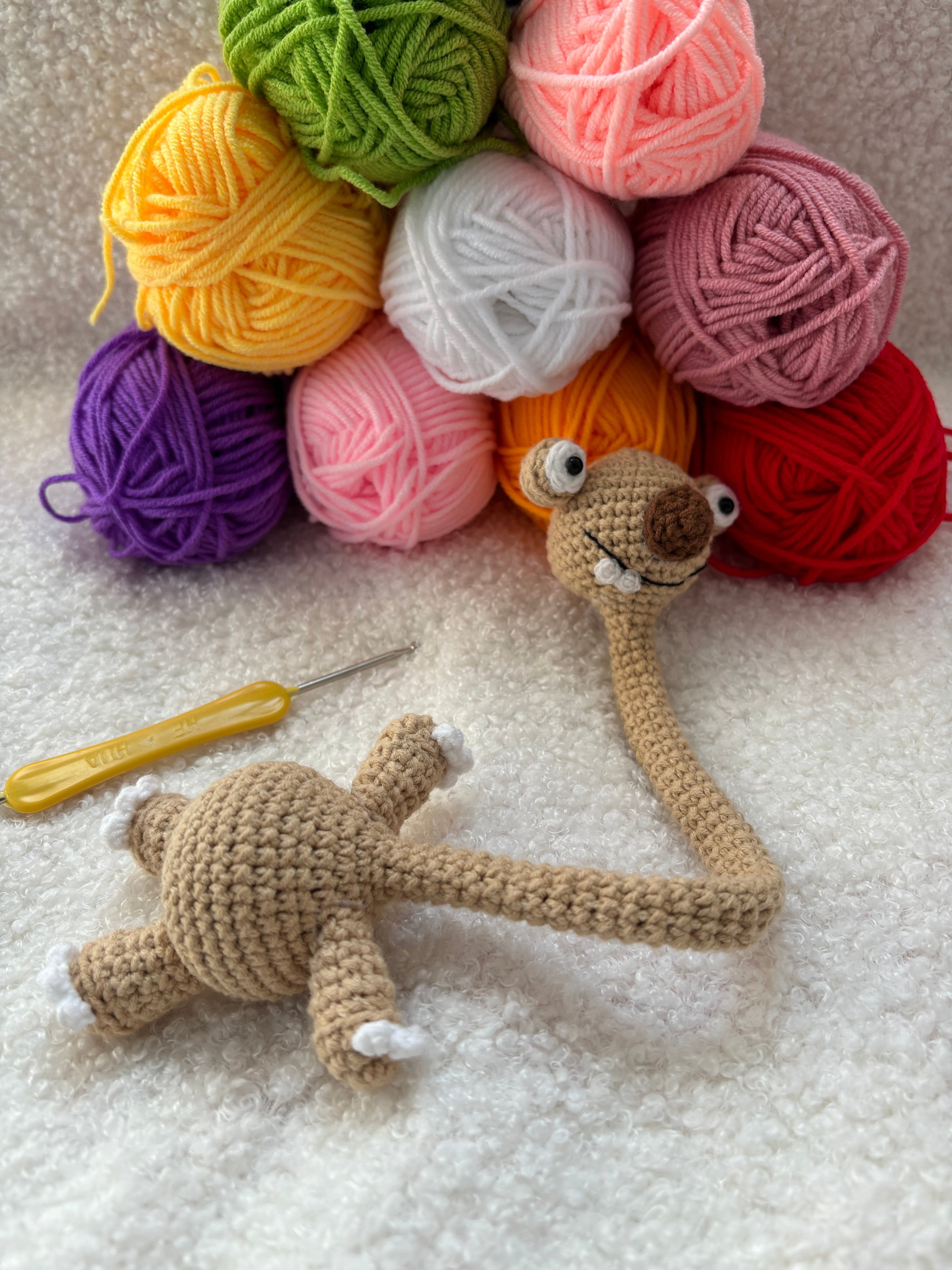 Handmade Crochet Prehistoric Sloth Bag Charm | Funny Long Neck Sloth Plush Toy | Gift for Animal Lovers