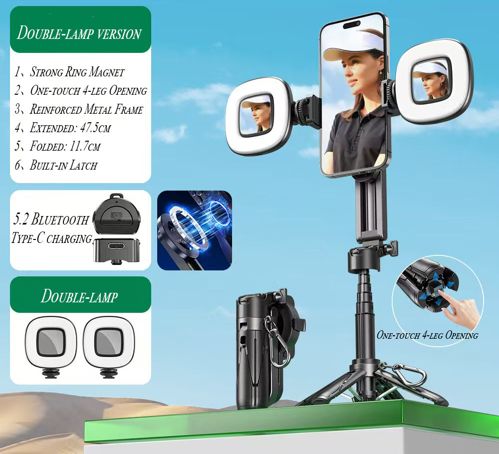 2026 Edition Four-in-One Magnetic Selfie Stick is upgraded to 25 inches longer, enhanced in stability, equipped with a wireless Bluetooth remote control, 360° rotation, and compatible with various mobile phones