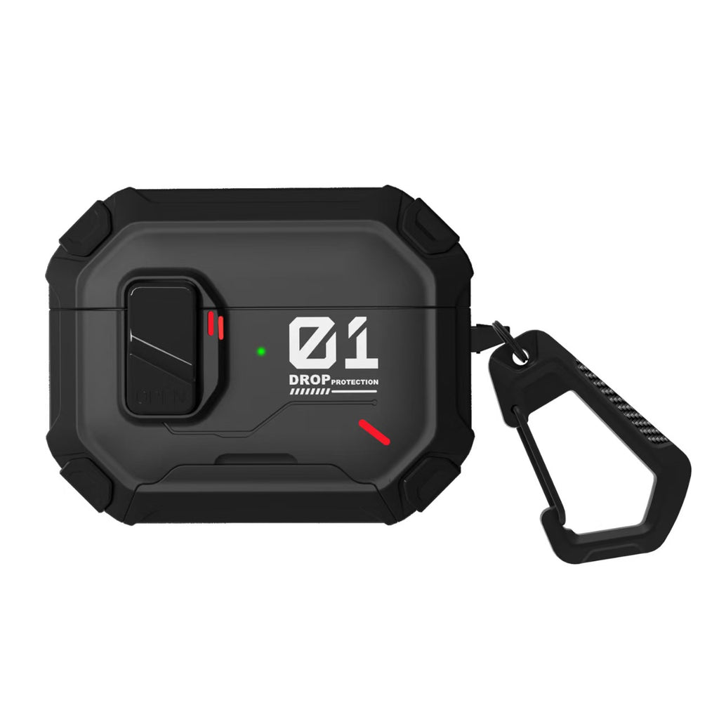 Protective case suitable for AirPods 4 and AirPods Pro 2/3 generations. Automatic pop-up cover with safety latch. Military-grade shock-resistant hard shell case. Magnetic wireless charging. Can be used as a phone stand.