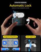 Protective case suitable for AirPods 4 and AirPods Pro 2/3 generations. Automatic pop-up cover with safety latch. Military-grade shock-resistant hard shell case. Magnetic wireless charging. Can be used as a phone stand.