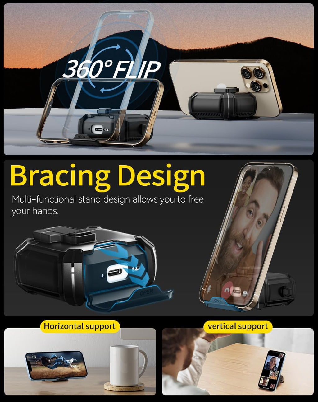 Protective case suitable for AirPods 4 and AirPods Pro 2/3 generations. Automatic pop-up cover with safety latch. Military-grade shock-resistant hard shell case. Magnetic wireless charging. Can be used as a phone stand.