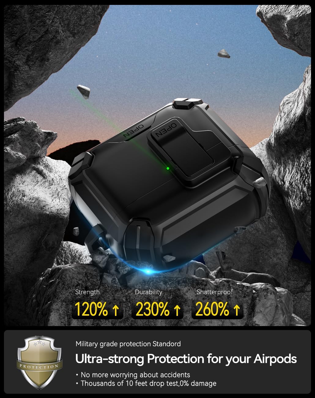 Protective case suitable for AirPods 4 and AirPods Pro 2/3 generations. Automatic pop-up cover with safety latch. Military-grade shock-resistant hard shell case. Magnetic wireless charging. Can be used as a phone stand.