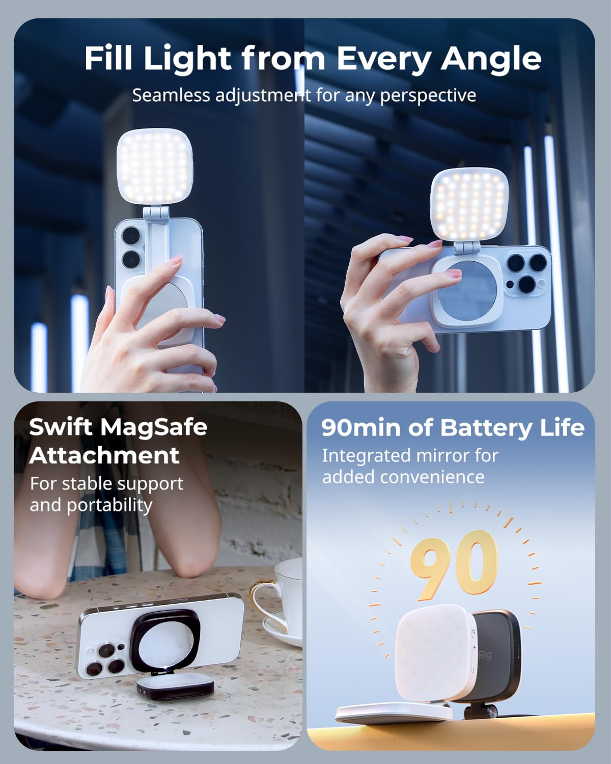 Magnetic Selfie Light for Phone, [Compatible with MagSafe] [Foldable Mirror] Diyife 360° Rotatable Phone Light Clip on, CRI95, 45 LED, 6 Modes, Portable Selfie Ring Light for Streaming, Makeup