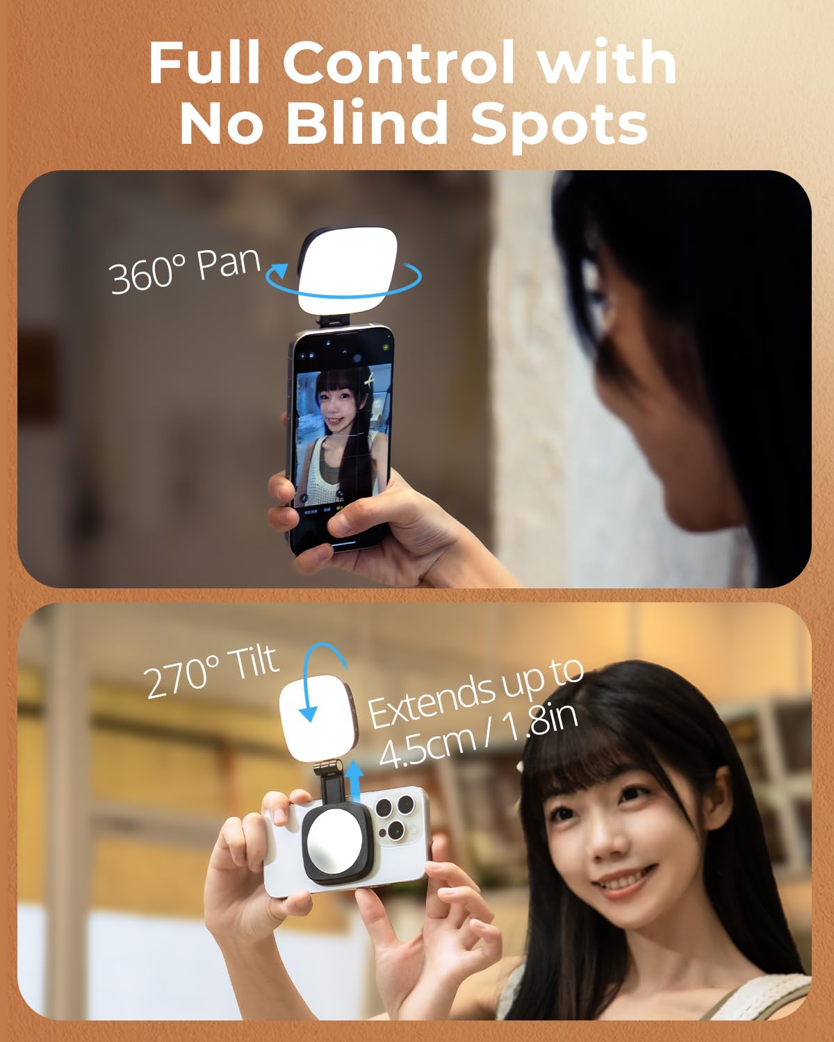 Magnetic Selfie Light for Phone, [Compatible with MagSafe] [Foldable Mirror] Diyife 360° Rotatable Phone Light Clip on, CRI95, 45 LED, 6 Modes, Portable Selfie Ring Light for Streaming, Makeup