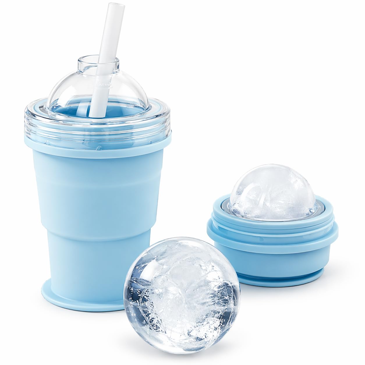 Foldable Ice Ball Cup with Straw, 2-in-1 Silicone Mold & Collapsible Travel Tumbler, Large 6cm Sphere Maker, Portable Drink Cup, 325ml (YELLOW)