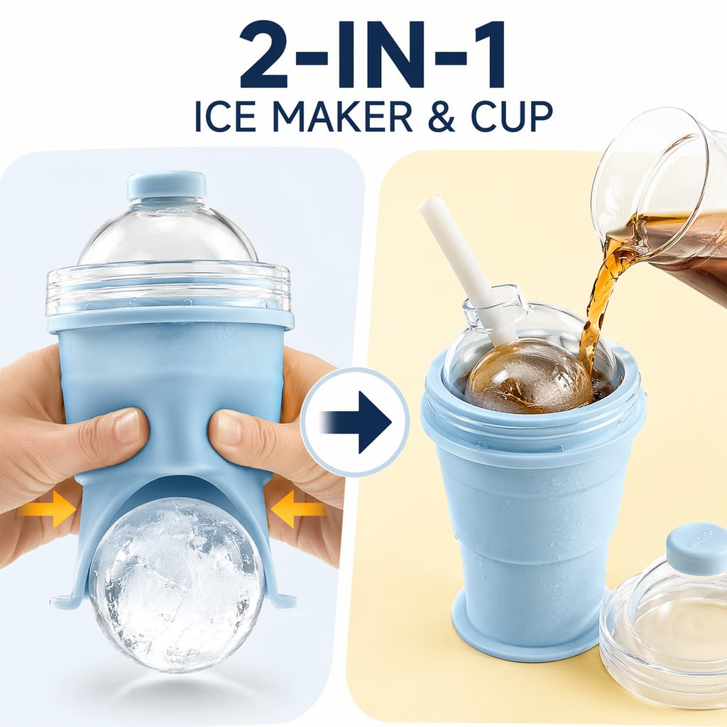 Foldable Ice Ball Cup with Straw, 2-in-1 Silicone Mold & Collapsible Travel Tumbler, Large 6cm Sphere Maker, Portable Drink Cup, 325ml (YELLOW)