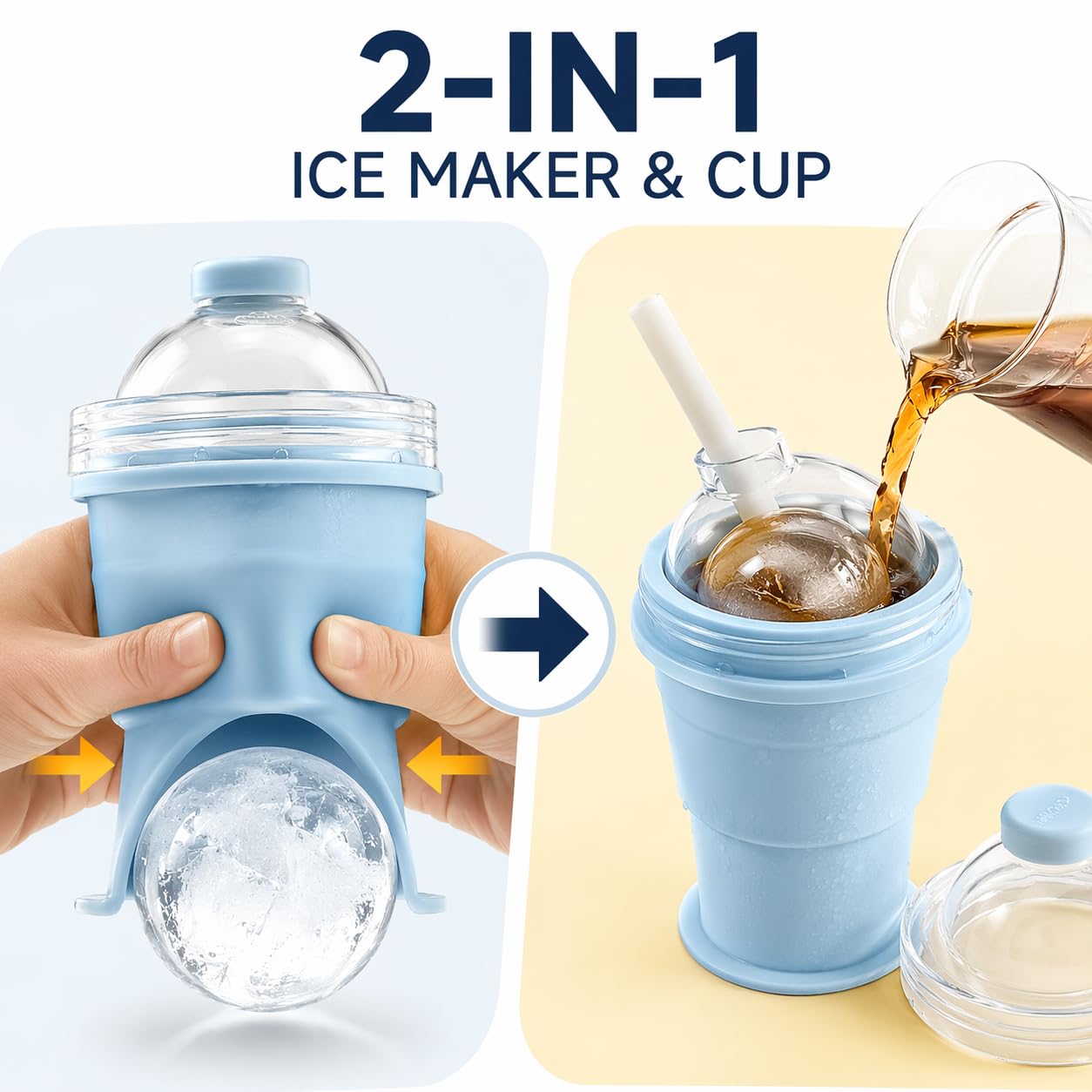 Foldable Ice Ball Cup with Straw, 2-in-1 Silicone Mold & Collapsible Travel Tumbler, Large 6cm Sphere Maker, Portable Drink Cup, 325ml (YELLOW)