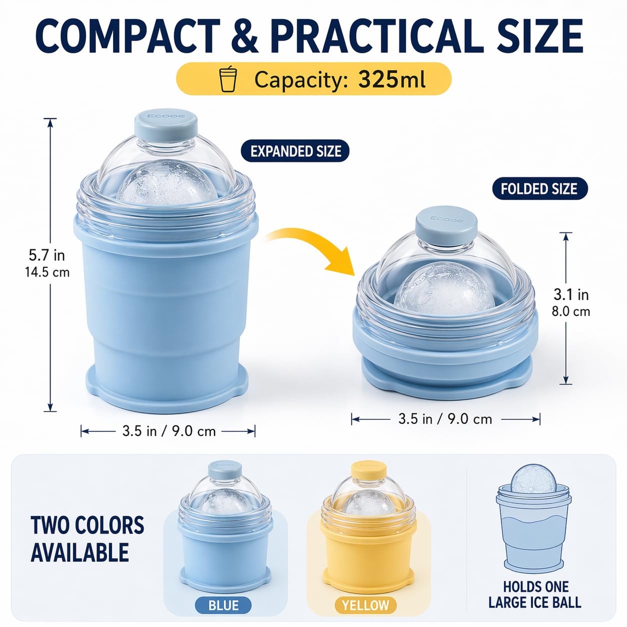 Foldable Ice Ball Cup with Straw, 2-in-1 Silicone Mold & Collapsible Travel Tumbler, Large 6cm Sphere Maker, Portable Drink Cup, 325ml (YELLOW)