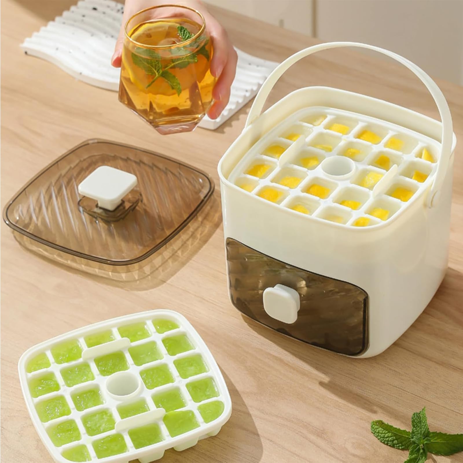 48 Cube Ice Maker with Easy Press Lid, Upgraded Press-Type Ice Cube Tray with Storage Bin & Lid,