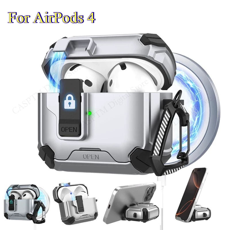 Protective case suitable for AirPods 4 and AirPods Pro 2/3 generations. Automatic pop-up cover with safety latch. Military-grade shock-resistant hard shell case. Magnetic wireless charging. Can be used as a phone stand.