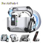 Protective case suitable for AirPods 4 and AirPods Pro 2/3 generations. Automatic pop-up cover with safety latch. Military-grade shock-resistant hard shell case. Magnetic wireless charging. Can be used as a phone stand.