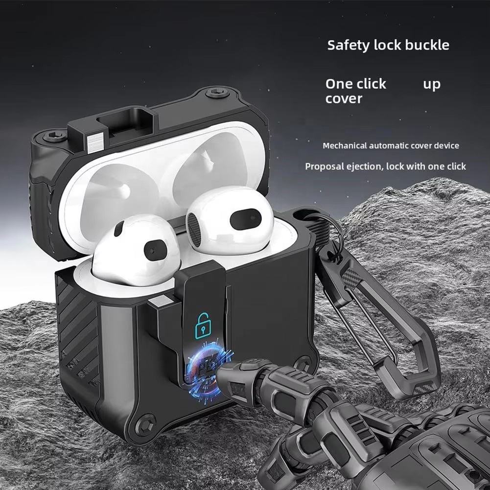 Protective case suitable for AirPods 4 and AirPods Pro 2/3 generations. Automatic pop-up cover with safety latch. Military-grade shock-resistant hard shell case. Magnetic wireless charging. Can be used as a phone stand.