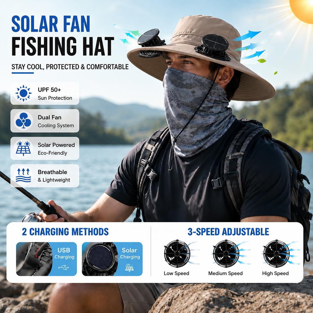 【FathersDayGift】Solar Fan Hat, Hat with Fans Solar Powered, Outdoor Wide Brim Sun Hats with 2 Fans, 3 Adjustable Wind Speeds, Solar & USB Charging, Summer UV Protection Fishing Hats for Outdoor Activities