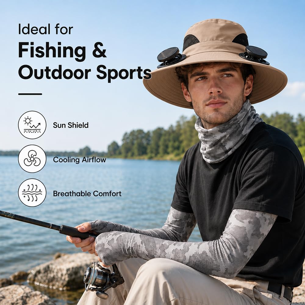 【FathersDayGift】Solar Fan Hat, Hat with Fans Solar Powered, Outdoor Wide Brim Sun Hats with 2 Fans, 3 Adjustable Wind Speeds, Solar & USB Charging, Summer UV Protection Fishing Hats for Outdoor Activities