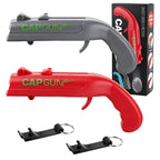 2 Pcs Beer Bottle Opener Cap Gun, Funny Cap Gun Bottle Opener Launcher Shooter with Gift Box, Caps for Cap Gun for Shooting Game Home Bar Party Christmas, Gift for Him(Grey, Red)