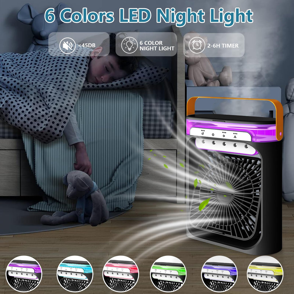 Portable Air Conditioner, 4-in-1 Air Cooler, 600ml Quiet Mini Air Conditioner Desk Fan, Mini Air Conditioning with 3 Speeds/Cool Mist/2-8H Timer/6 LED Light, Cooling Fan for Summer,Room,Home,Office