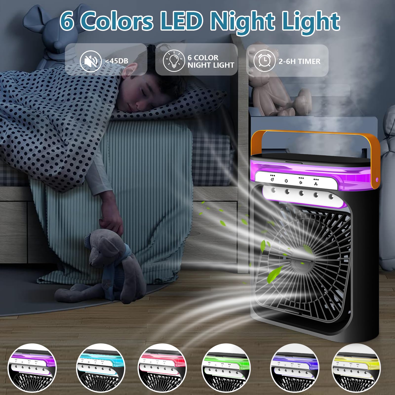 Portable Air Conditioner, 4-in-1 Air Cooler, 600ml Quiet Mini Air Conditioner Desk Fan, Mini Air Conditioning with 3 Speeds/Cool Mist/2-8H Timer/6 LED Light, Cooling Fan for Summer,Room,Home,Office