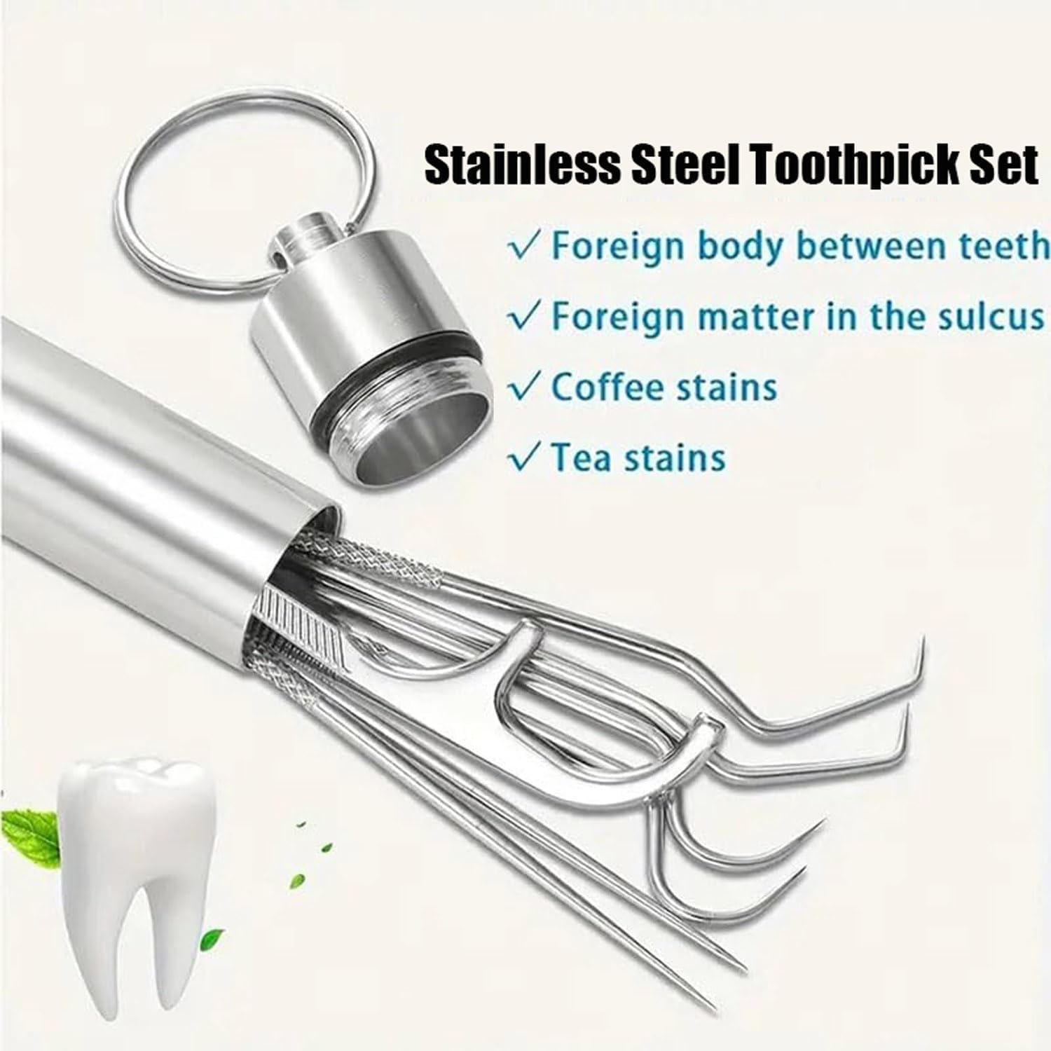 7Pcs Food Grade 304 Stainless Steel Toothpick Set，Silver Portable Pocket Toothpick Holder Reusable Metal Toothpick with a Tube for Outdoor Picnic Camping and Travel