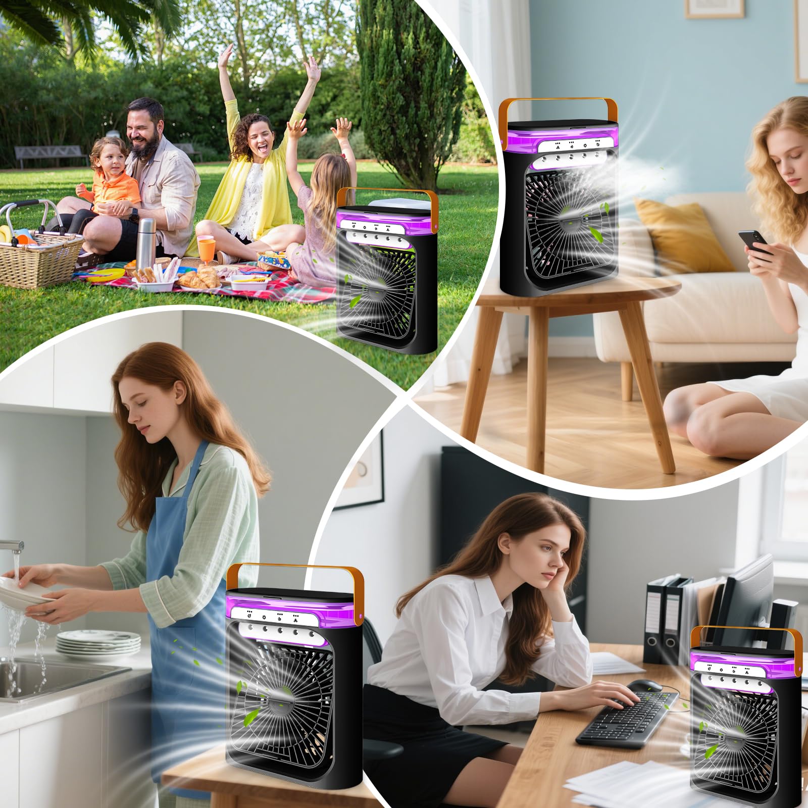 Portable Air Conditioner, 4-in-1 Air Cooler, 600ml Quiet Mini Air Conditioner Desk Fan, Mini Air Conditioning with 3 Speeds/Cool Mist/2-8H Timer/6 LED Light, Cooling Fan for Summer,Room,Home,Office
