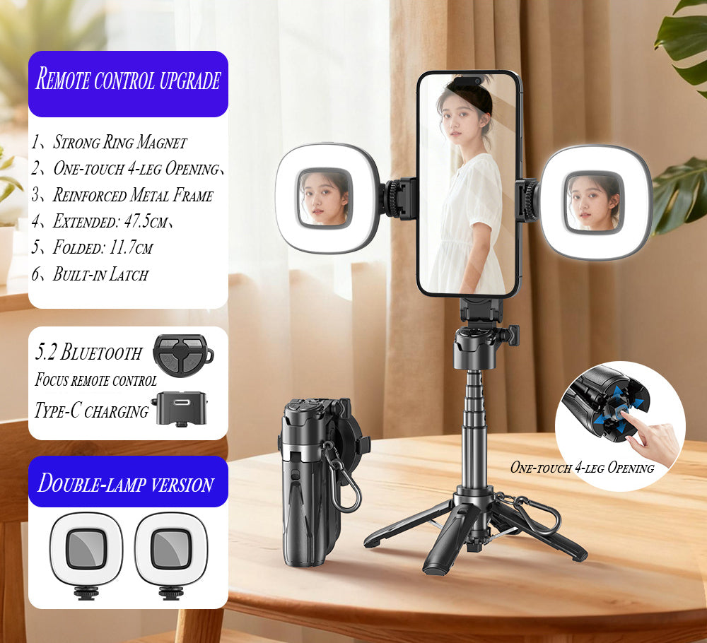 2026 Edition Four-in-One Magnetic Selfie Stick is upgraded to 25 inches longer, enhanced in stability, equipped with a wireless Bluetooth remote control, 360° rotation, and compatible with various mobile phones