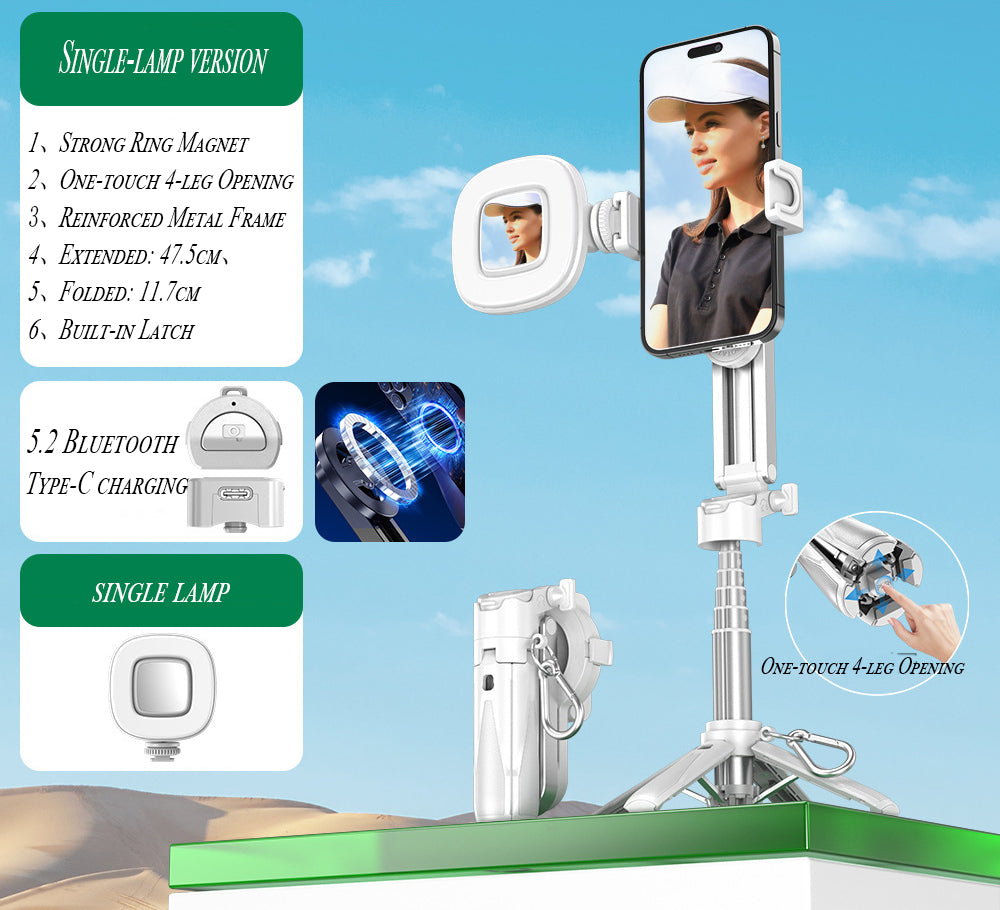 2026 Edition Four-in-One Magnetic Selfie Stick is upgraded to 25 inches longer, enhanced in stability, equipped with a wireless Bluetooth remote control, 360° rotation, and compatible with various mobile phones