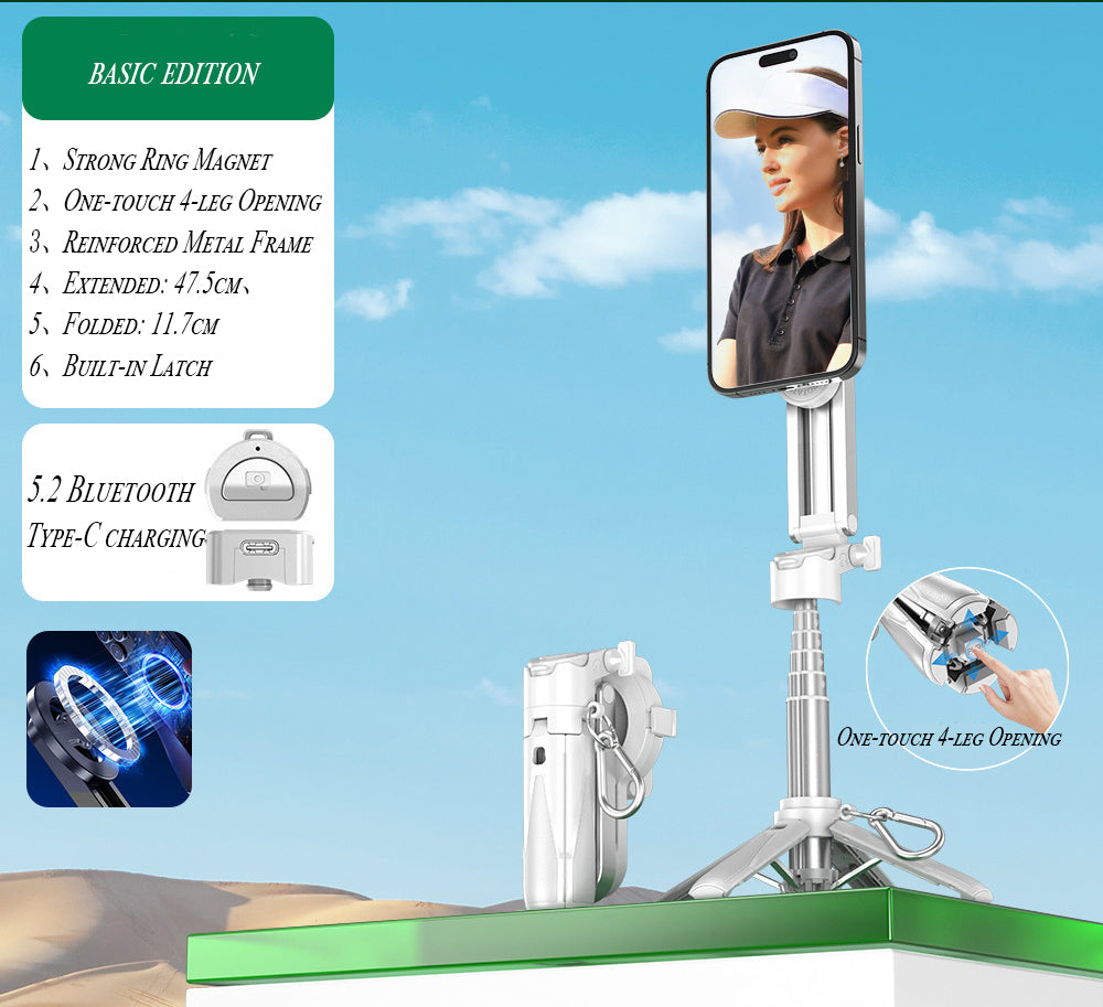 2026 Edition Four-in-One Magnetic Selfie Stick is upgraded to 25 inches longer, enhanced in stability, equipped with a wireless Bluetooth remote control, 360° rotation, and compatible with various mobile phones