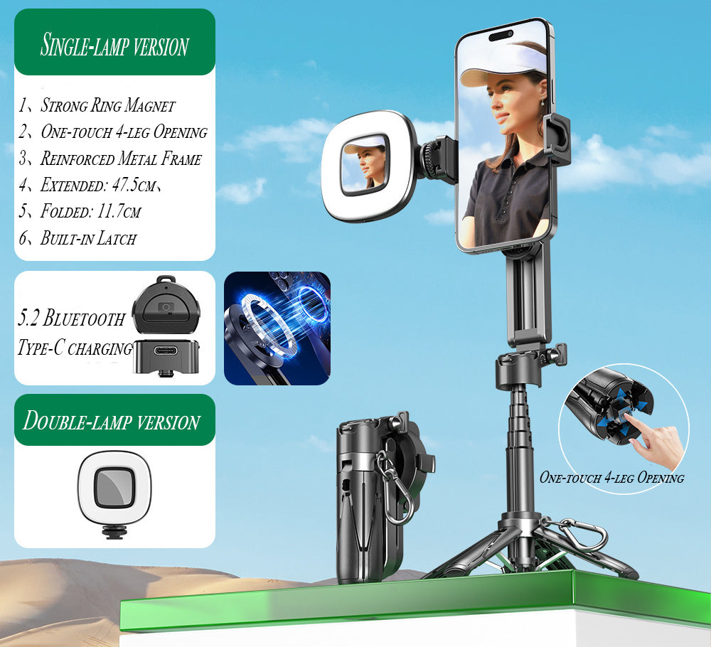 2026 Edition Four-in-One Magnetic Selfie Stick is upgraded to 25 inches longer, enhanced in stability, equipped with a wireless Bluetooth remote control, 360° rotation, and compatible with various mobile phones