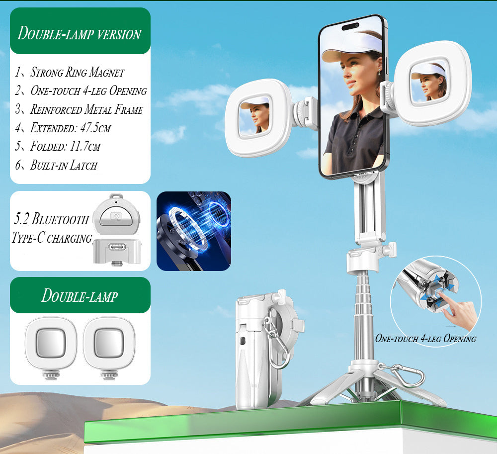 2026 Edition Four-in-One Magnetic Selfie Stick is upgraded to 25 inches longer, enhanced in stability, equipped with a wireless Bluetooth remote control, 360° rotation, and compatible with various mobile phones