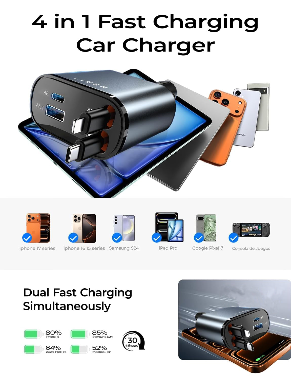 Extensible car charger 120 watts, automotive accessories, men's and women's gifts, electronic products, 12-volt car USB fast charging adapter socket, suitable for Samsung devices such as iPhone 17, 16, 13.