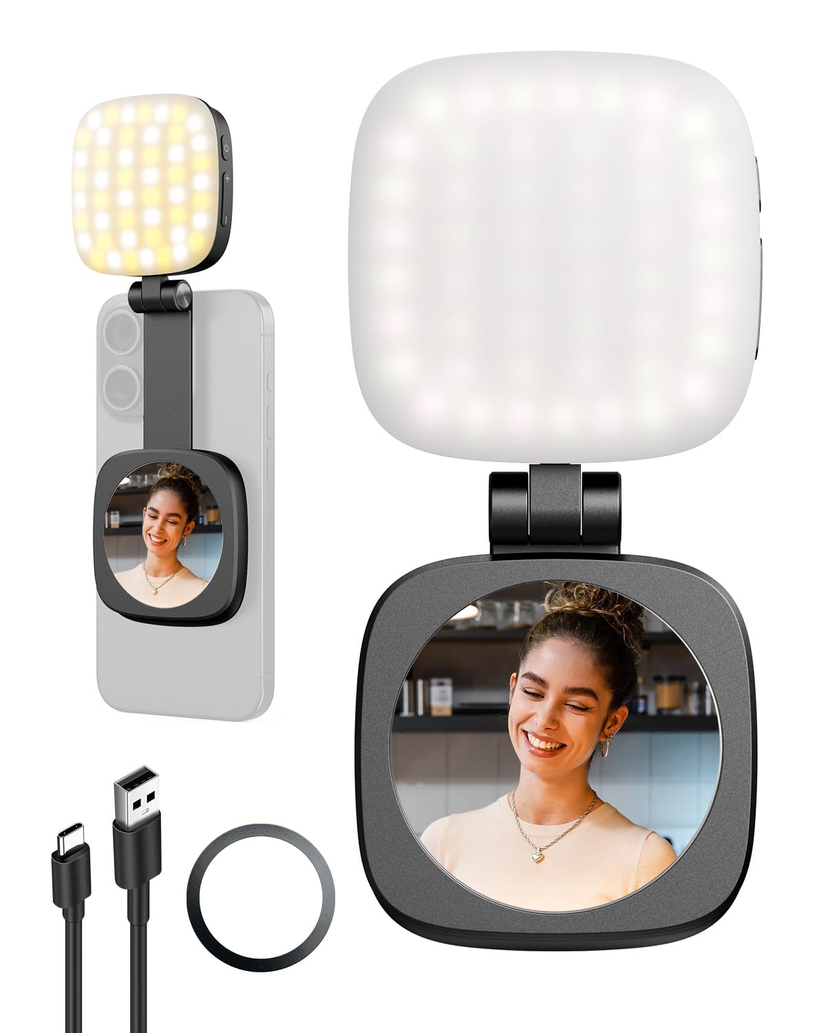 Magnetic Selfie Light for Phone, [Compatible with MagSafe] [Foldable Mirror] Diyife 360° Rotatable Phone Light Clip on, CRI95, 45 LED, 6 Modes, Portable Selfie Ring Light for Streaming, Makeup