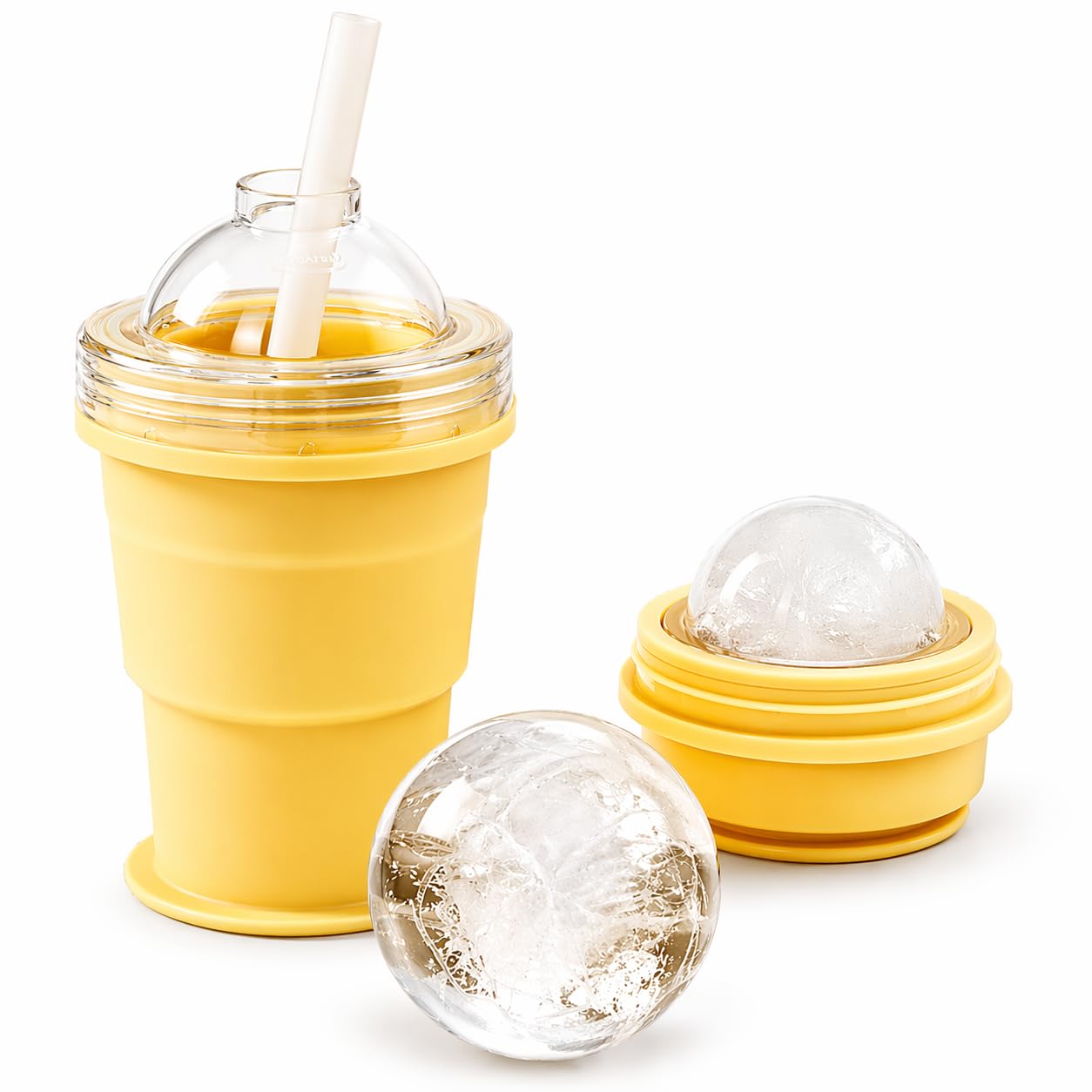 Foldable Ice Ball Cup with Straw, 2-in-1 Silicone Mold & Collapsible Travel Tumbler, Large 6cm Sphere Maker, Portable Drink Cup, 325ml (YELLOW)