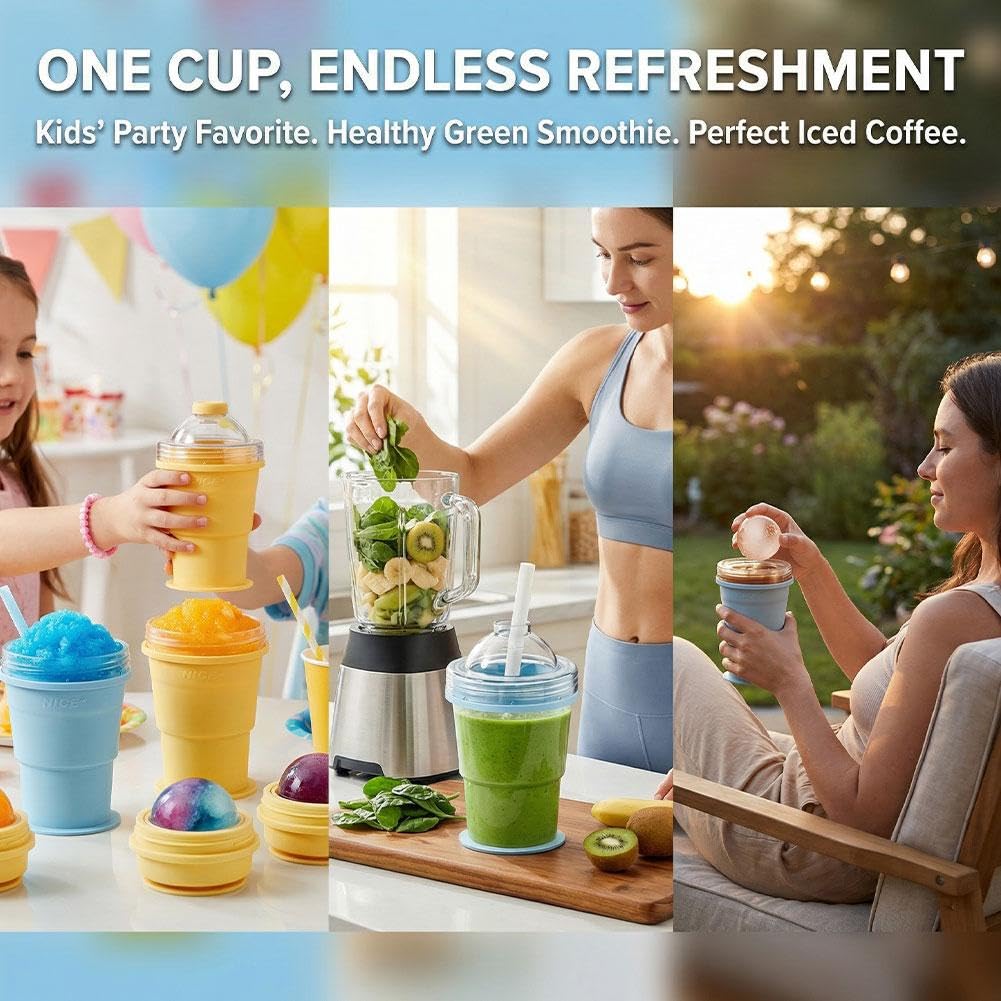 Foldable Ice Ball Cup with Straw, 2-in-1 Silicone Mold & Collapsible Travel Tumbler, Large 6cm Sphere Maker, Portable Drink Cup, 325ml (YELLOW)