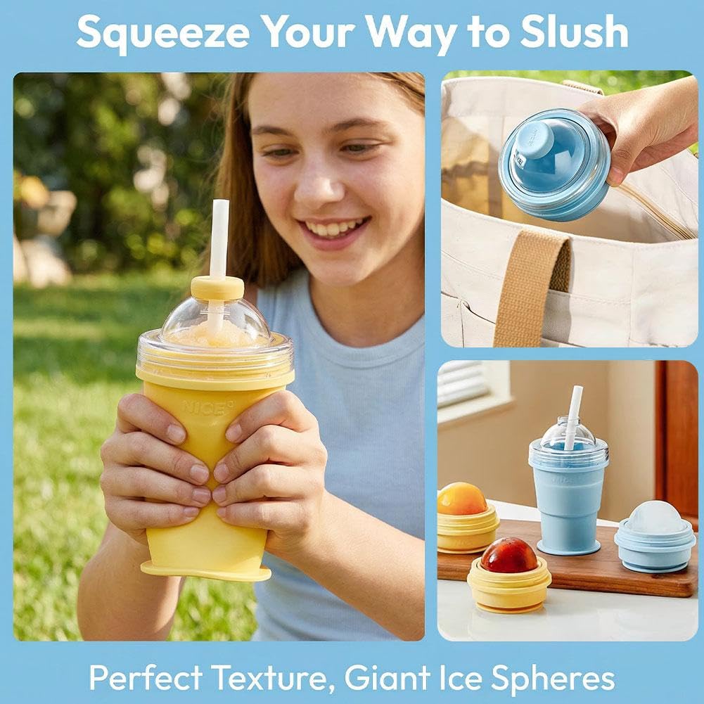 Foldable Ice Ball Cup with Straw, 2-in-1 Silicone Mold & Collapsible Travel Tumbler, Large 6cm Sphere Maker, Portable Drink Cup, 325ml (YELLOW)