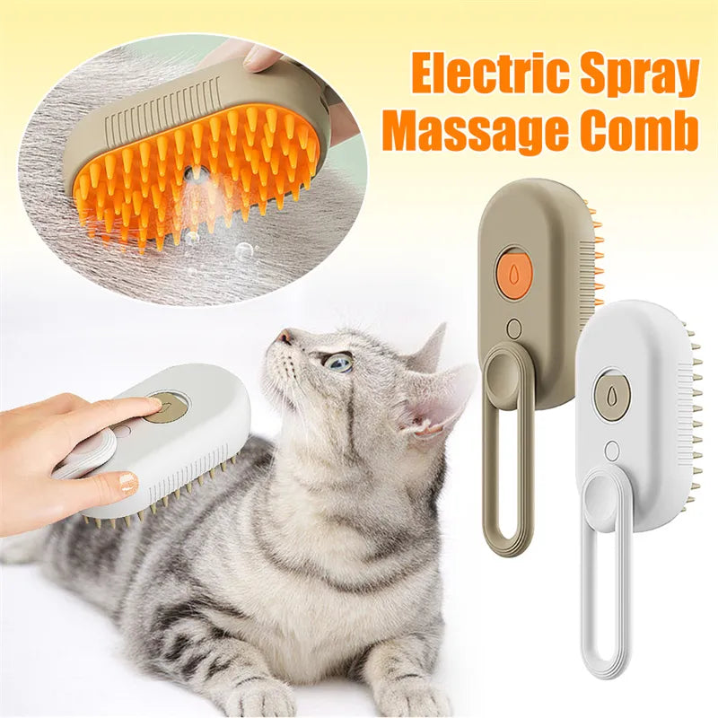 3-in-1 Electric Steam Pet Grooming Brush with Spray | Cat & Dog Hair Removal Comb –